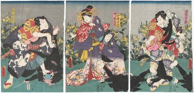 Actors Ichikawa Danjuro VIII as Nuregami Chogoro, Ichikawa Saruzo I as Yamasaki Yogoro, Iwai Kumesaburo III as Azuma of the Fujiya, and Arashi Rikan III as Hanaregoma Chokichi by Utagawa Kunisada